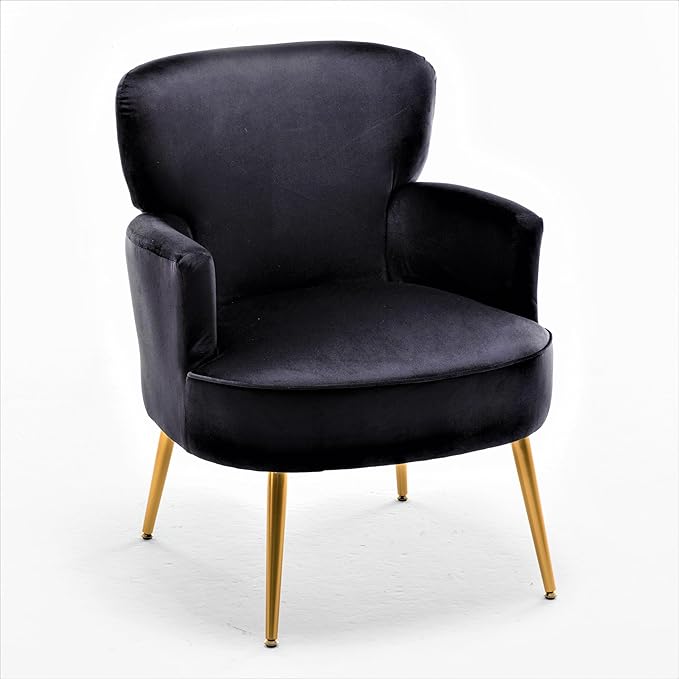 Trendy Velvet Accent Chair with Gold Metal Legs, Upholstered Armchair for Small to Mid-Size Spaces, Modern Living Room, Bedroom, Vanity Desk and Entryway, Black