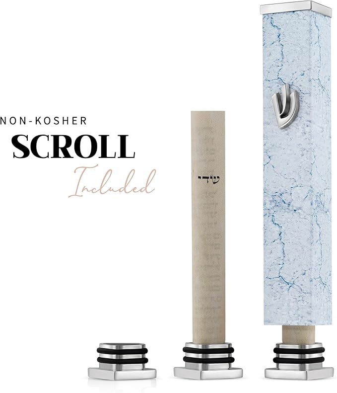SURI Mezuzah for Door – 3.8 Inch Marble Aluminum Mezuzah Holder with Printed Scroll, Contemporary Judaica Design, Fits a 3 Inch Scroll, Self-Stick Adhesive, Gift Box Included