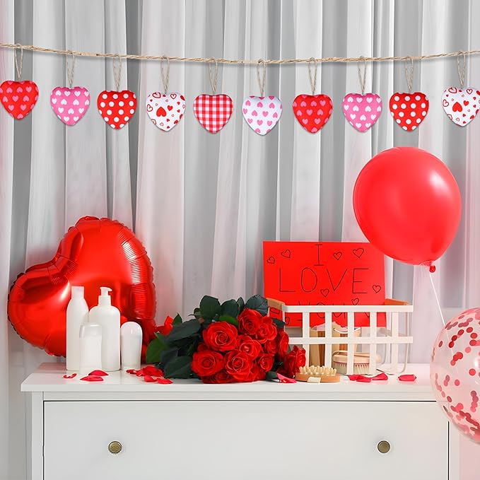 30 Pieces Fabric Heart Hanging Ornaments Valentines Heart Shaped Ornaments Red Pink Hearts Fabric Hanging Decorations for Valentine's Day Tree Wedding Party DIY Crafts