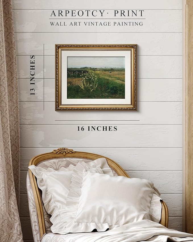 ARPEOTCY Vintage Gold Framed Wall Art Decor, Retro Field Landscape Paintings, Canvas Prints Antique Pictures Frame Artwork, Victorian Wall Decor for Living Room Bedroom Bathroom, 13x16 inch