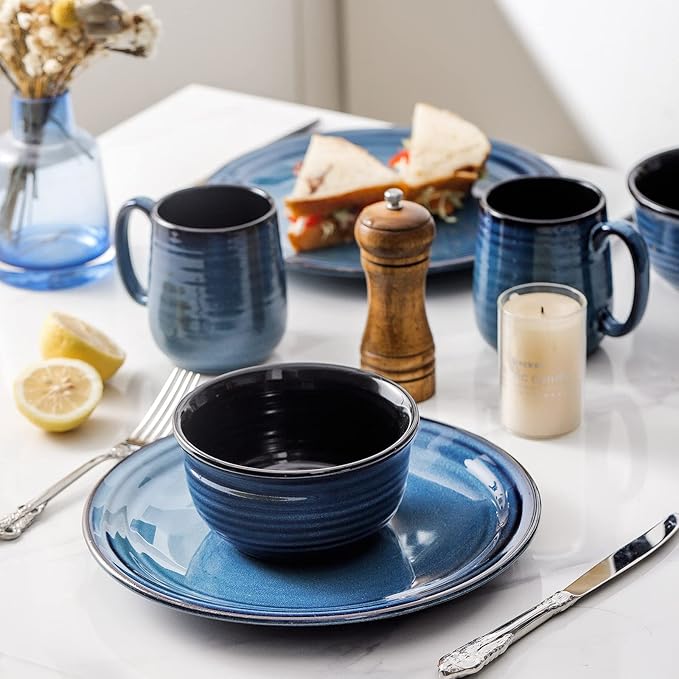 HASENSE 10 Inch Dinner Plates Set of 6,Ceramic Large Porcelain Pasta and Salad Plates,Blue Stoneware Plate Set Microwave,Oven,and Dishwasher Safe