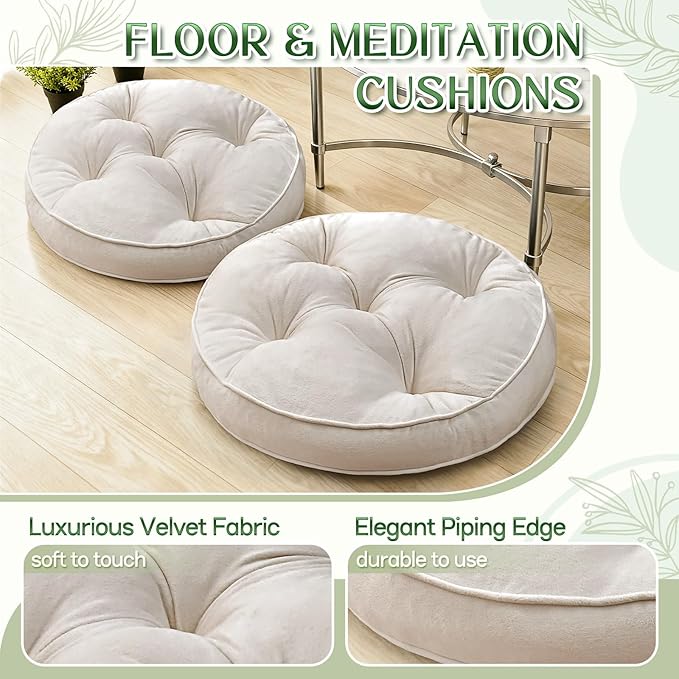 Floor Pillow Set of 2, Memory Foam Meditation Cushion, Floor Cushions for Adults Sitting, Large Round Seat Cushions for Yoga, Living Room, 20x20 Inch (Round | Off-White)