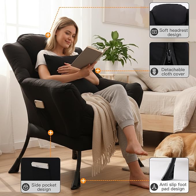 Lazy Chair for Living Room, Large Black Lounge Accent Chair with a Throw Pillow, Leisure Sofa Chair Set, Comfy Reading Chair for Bedroom, Dorm Room, Office