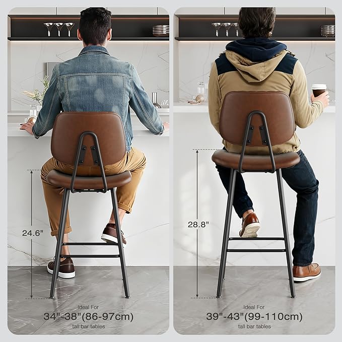 29-Inch Leather Bar Stools Set of 3, Counter Height Barstools with High Backrest，Bar Chairs for Kitchen Island with Heavy Duty Metal Legs, Dark Brown