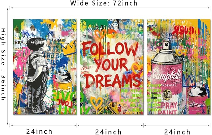 Novatique Banksy Canvas Wall Decor Street Graffiti Wall Art Colorful Cool Painting Graffiti Poster Canvas Print for Bedroom Bathroom,24" x 36" x 3pcs