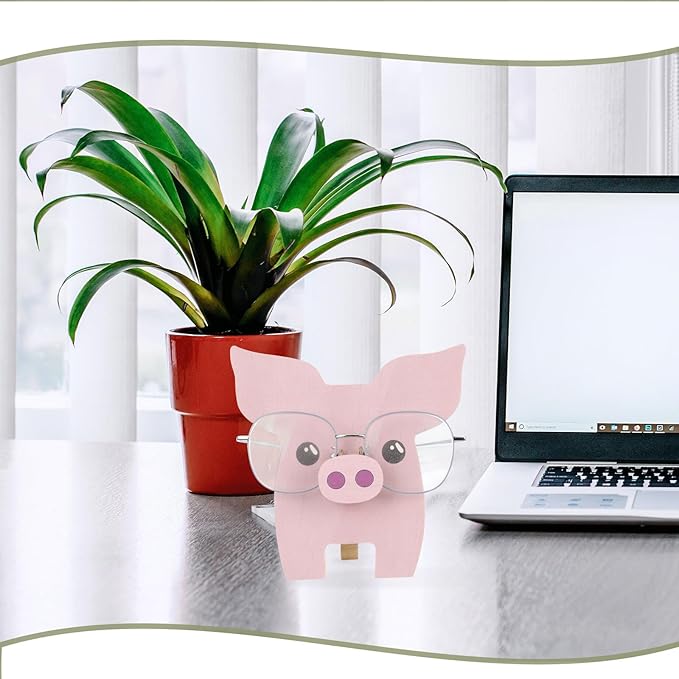 Uonlytech Wooden Pig Figurine Eyeglasses Holder Desktop Glasses Organizer Stand for Sunglasses Display and Eyewear Storage Rack Office Table Ornament