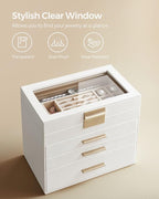 SONGMICS GISELLA Collection - Jewelry Box Organizer, 4-Layer Jewelry Storage with 3 Drawers, Shiny Metal Hardware, Glass Lid, Modern, 6 x 9.9 x 8.5 Inches, Cloud White and Gold Color UJBC161W01