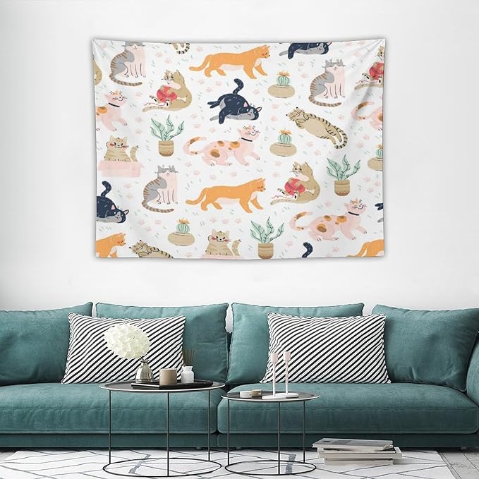 VUMIVI Cute Cat Tapestry Kids Hand-Painted Doodles Colorful Illustrations Potted Plants Paw Prints Tapestry Wall Hanging for Living Room Bedroom Dorm Classroom Aesthetic Decor W40xL30in