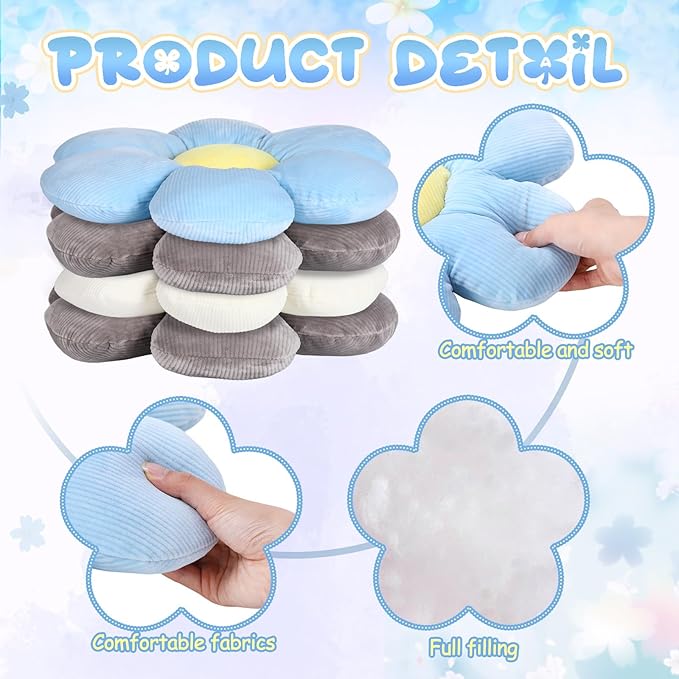 Reginary 4 Pcs Flower Floor Pillows Cute Plush Flower Throw Pillows Daisy Floor Seat Cushion Chair Pads for Back to School First Day of School for Sofa Couch Bed Decor(15 Inch,Gray, Blue, White)