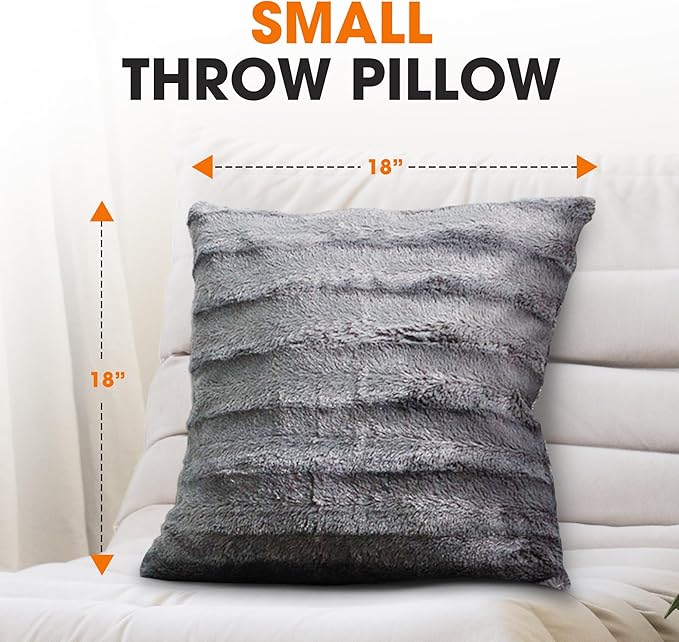 Cheer Collection Faux Fur Throw Pillows - Decorative Pillows for Couch, Bed Throw Pillows, Grey Accent Pillows for Bedroom or Living Room Aesthetic, Set of 2 Furry Throw Pillows, 18”x18”