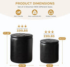 Round Ottoman with Storage Set of 2, 12.6" W x 14.17" H & 14.76" W x 17.32" H Faux Leather Storage Ottoman for Living Room Bedroom, Small Coffee Table Padded Ottoman, Black