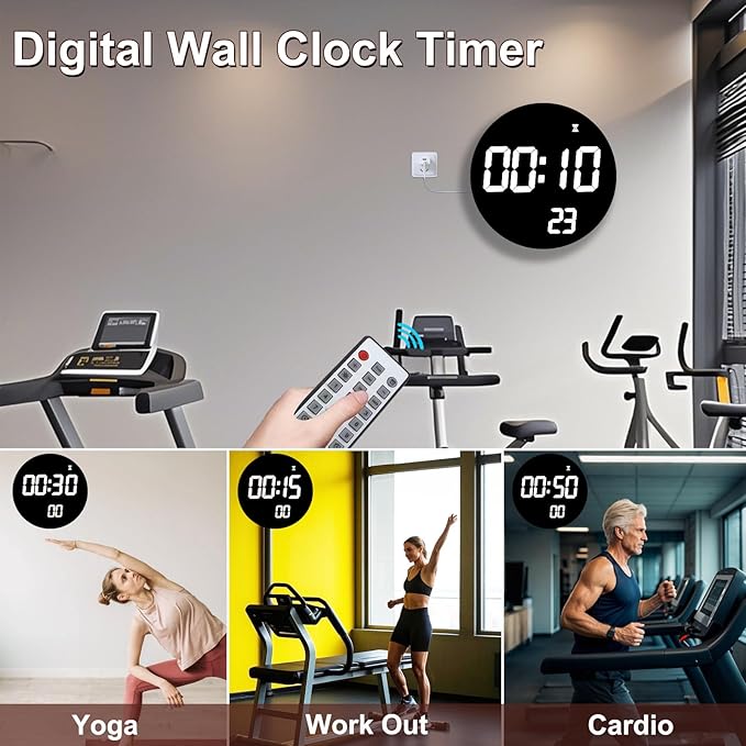 Large 12" White Digital Wall Clock with Remote Control | LED Display Plug-in Clock with 3 Brightness Levels & Temperature Display Perfect for Home, Gym, Classroom, Office