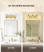zeyu 3-Light Gold Bathroom Vanity Light with Clear Striped Glass, Modern Brass Vanity Light for Bathroom Mirror, 22 Inch Bathroom Lights Over Mirror, ZJX117B-3W BG
