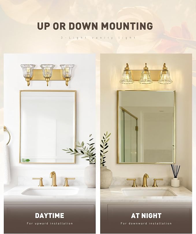 zeyu 3-Light Gold Bathroom Vanity Light with Clear Striped Glass, Modern Brass Vanity Light for Bathroom Mirror, 22 Inch Bathroom Lights Over Mirror, ZJX117B-3W BG