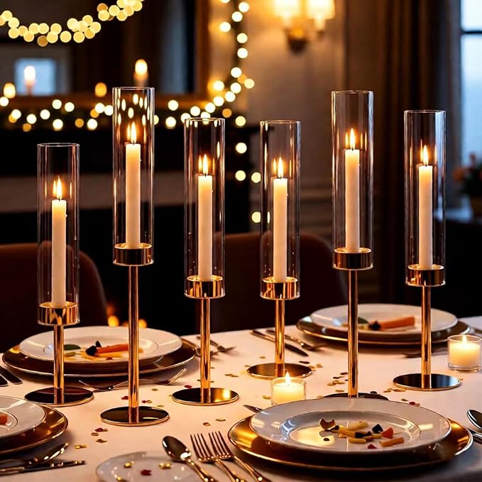 Gold Candlestick Holders Set of 6 – Tall Candle Sticks Holder Decor – Vintage Centerpiece Table Decorations – Dining Room Candle Holder Decor, Wedding Decorations – Home Decor Aesthetic Gift