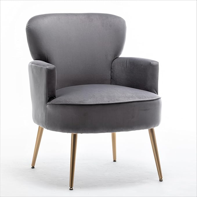 Trendy Velvet Accent Chair with Gold Metal Legs, Upholstered Armchair for Small to Mid-Size Spaces, Modern Living Room, Bedroom, Vanity Desk and Entryway, Grey