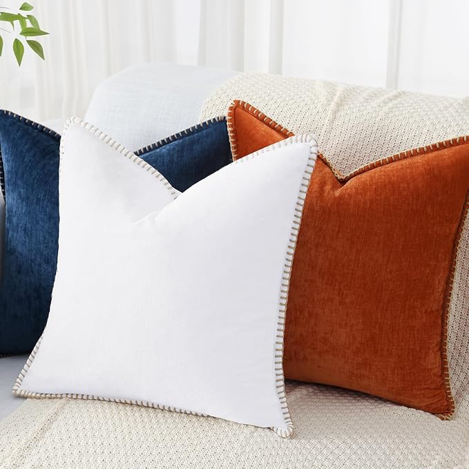 decorUhome Spring Chenille Soft Cozy Throw Pillow Covers 16x16 Set of 2, Modern Farmhouse Boho Velvet Decorative Pillow Cases with Stitched Edge for Couch Sofa Bed Home Decor, White