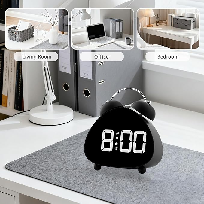 Twin Bell Alarm Clock, Cute Triangle Digital Alarm Clock, Bedside Loud Alarm Clocks for Heavy Sleepers Adults, Silent Desk Clock Battery Operated, Small Table Clock for Bedroom Living Room (Black)