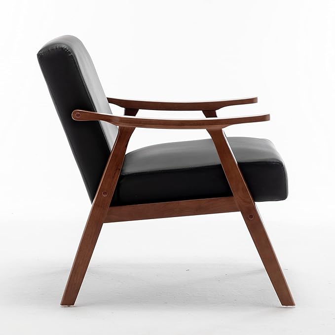 Accent Chair with Microfiber Upholstery and Solid Wood Frame, Classic Mid-Century Modern Living Room Furniture for Extra Seating, Black PU/PVC