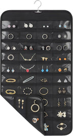Hanging Jewelry Organizer for Closet with Swiveling Hanger, 17 x 30 In, 80 Clear Pockets Jewelry Organizer Hanging for Jewelries, Earrings, Accessories (Beige) (1, Black)