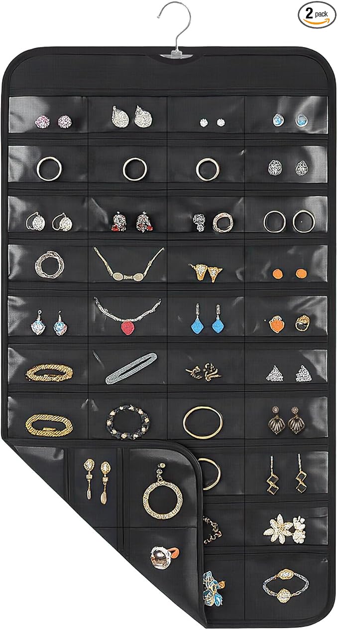Hanging Jewelry Organizer for Closet with Swiveling Hanger, 17 x 30 In, 80 Clear Pockets Jewelry Organizer Hanging for Jewelries, Earrings, Accessories (Beige) (2, Black)