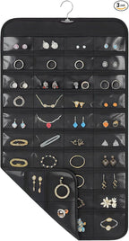Hanging Jewelry Organizer for Closet with Swiveling Hanger, 17 x 30 In, 80 Clear Pockets Jewelry Organizer Hanging for Jewelries, Earrings, Accessories (Beige) (3, Black)