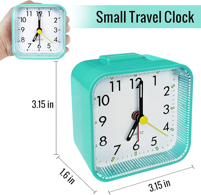 Small Battery Operated Analog Alarm Clock, Travel Clock, Quieter Bedside Clocks for Bedrooms Bathroom Shelf Desk, Green