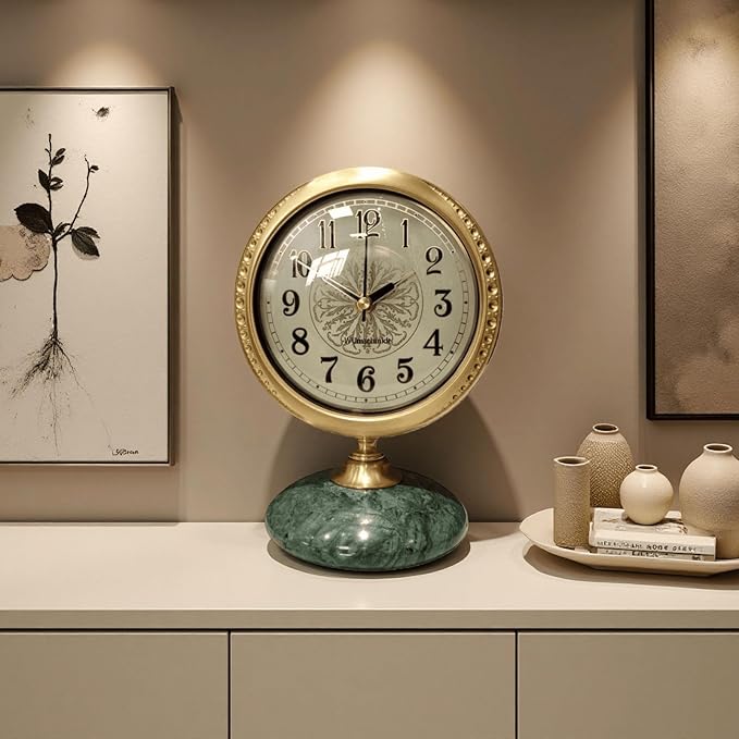 Vintage Mantel & Modern Brass Desk/Shelf Clock, Silent Non-Ticking Analog Roman Numerals, Marble Base, Home/Tabletop Decoration for Shelf, Table, Mantel, Bedside, Home Office, Living Room, Bedroom