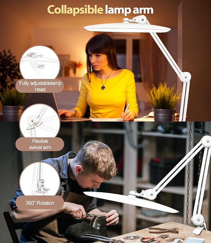 Led Desk Lamp with Clamp, Eye Caring Architect Desk Light for Home Office, Dual Screen Computer Monitor Gooseneck Adjustable Arm 20" LED Lamp, Stepless Dimming, for Reading, Study, Workbench