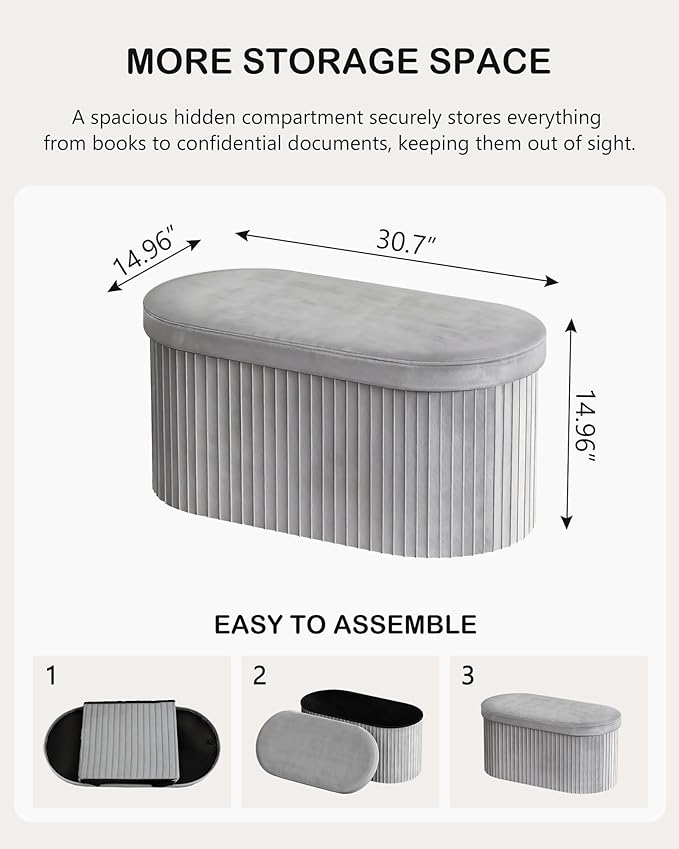 GLAXYFUR Oval Storage Ottoman Bench, Velvet Foot Rest, 30 Inch Folding Chest for Living Room, Bedroom, Grey