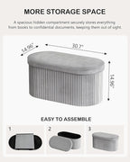 GLAXYFUR Oval Storage Ottoman Bench, Velvet Foot Rest, 30 Inch Folding Chest for Living Room, Bedroom, Grey