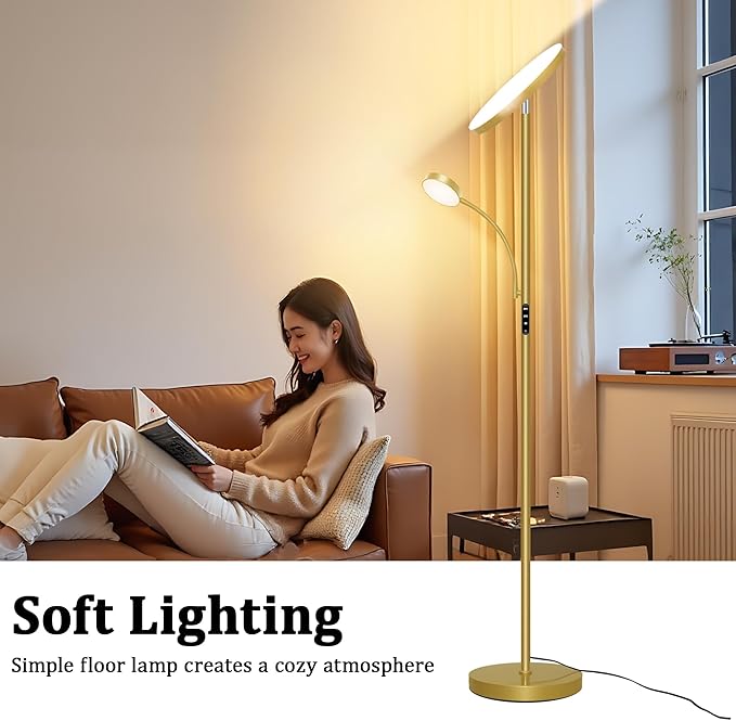 Gold Floor Lamps for Living Room,42W/4200LM Super Bright Floor Lamp with Reading Light,69'' Tall Standing Lamp with Remote & Touch Control, Modern Torchiere Floor Lamp for Bedroom,Office
