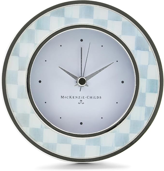 MACKENZIE-CHILDS Silver-Plated Round Desk Clock, Decorative Clock for Living Room, Kitchen, or Office, Gray-and-White Sterling Check