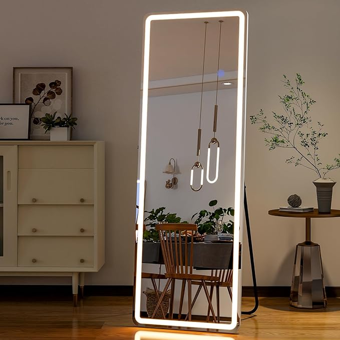 GLSLAND LED Full Length Mirror, 60"x16" Rectangle Floor Mirror with Stand, Wall Mounted Hanging Free Standing Full Body Mirror with Lights for Bedroom Living Room, White