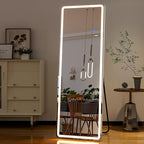 GLSLAND LED Full Length Mirror, 60"x16" Rectangle Floor Mirror with Stand, Wall Mounted Hanging Free Standing Full Body Mirror with Lights for Bedroom Living Room, White