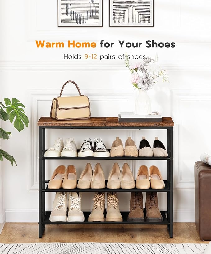 HOOBRO Shoe Rack, 4 Tier Shoe Storage Organizer with 3 Oxford Fabric Shelves and Top Panel, Holds 12-16 Pairs of Shoes for Entryway and Closet, Industrial, Rustic Brown BF47XJ01G1