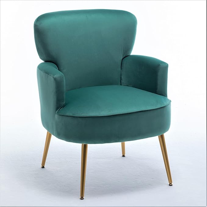 Trendy Velvet Accent Chair with Gold Metal Legs, Upholstered Armchair for Small to Mid-Size Spaces, Modern Living Room, Bedroom, Vanity Desk and Entryway, Mint Green