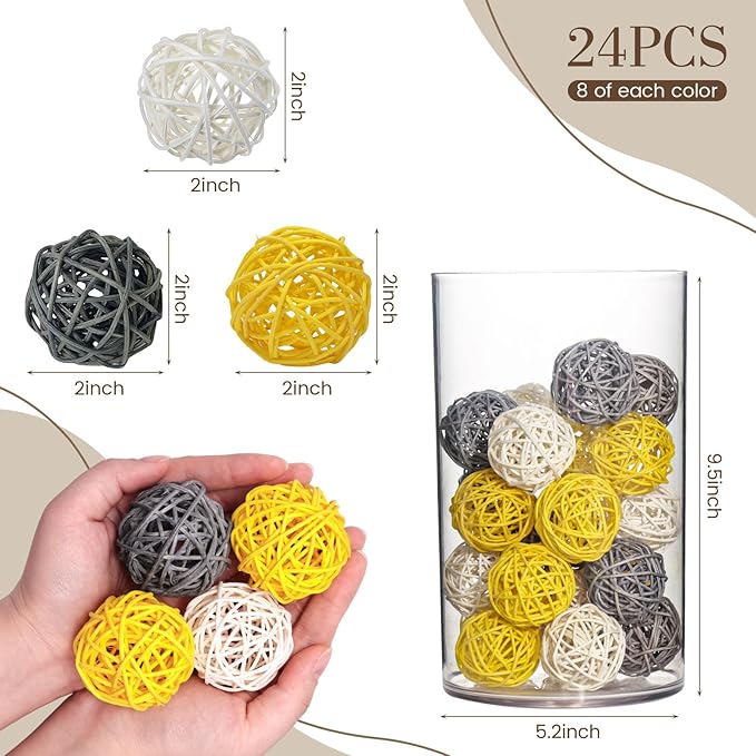 DomeStar 24PCS Yellow Decorative Balls for Bowl Centerpiece, 2 Inch Rattan Bowl Fillers - Wicker Twig Orbs Spheres for Yellow Kitchen Home Decor Vase Table Scatters