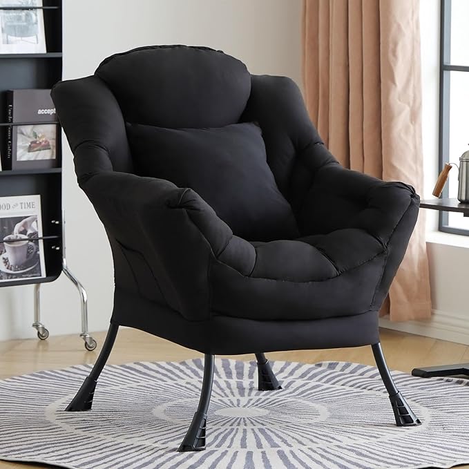 Lazy Chair for Living Room, Large Black Lounge Accent Chair with a Throw Pillow, Leisure Sofa Chair Set, Comfy Reading Chair for Bedroom, Dorm Room, Office