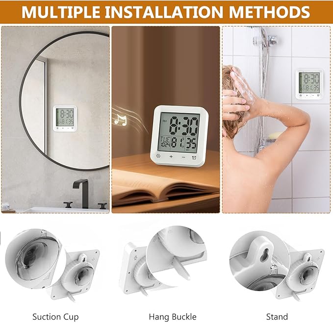 Houkiper Shower Clock Waterproof Bathroom Timer, Digital Shower Timer with Countdown, Suction Cup Clock, LCD Display, Temperature Gauge Wall Clock Touch Screen Waterproof Clock for Bathroom, White