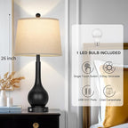 26" Black Table Lamp for Living Room Single, Touch Control Bedside Lamp for Nightstand, 3-Way Dimmable End Table Lamp for Bedroom with USB Charging Port (1 Pack)