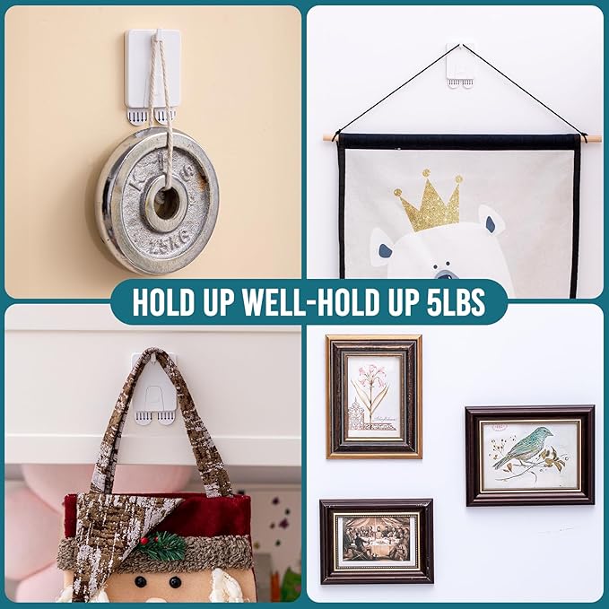 TAILI Picture Hangers 8 Pcs, Damage Free Picture Hangers for Walls，Adhesive Picture Hanging Hooks Without Nails，Art Hanger for Bathroom Kitchen Home Door Closet, Inclue 2 Extra Strips