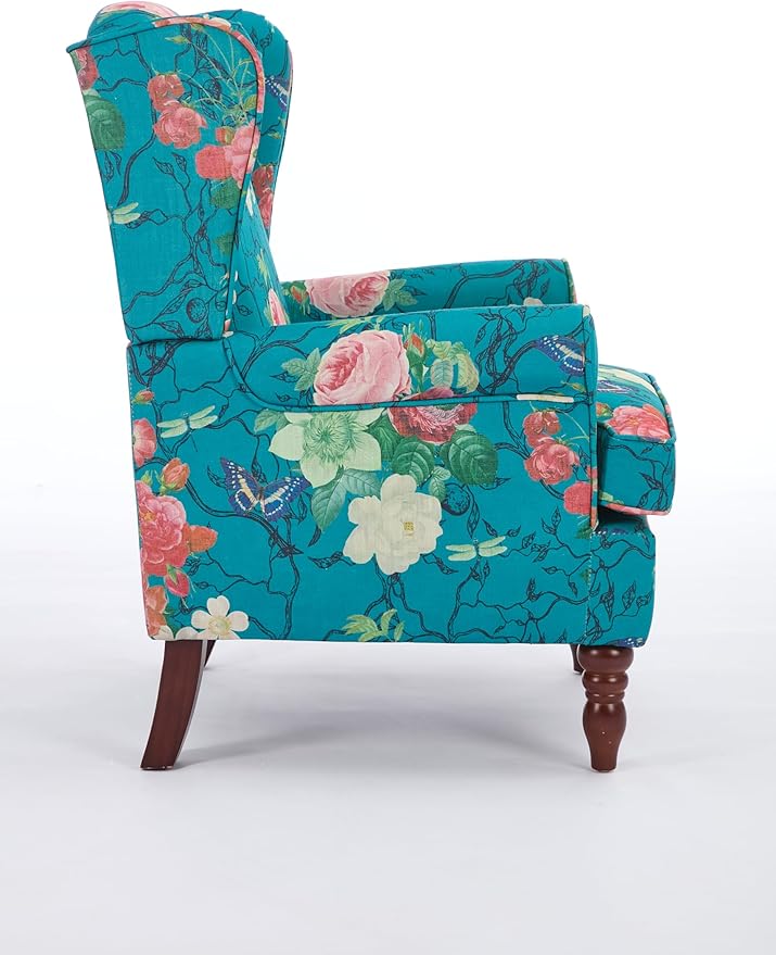 KEIKI Floral Accent Chair for Living Room - Stylish Vintage Elegance with Retro Wood Legs, Upholstered Armchair for Modern Comfort