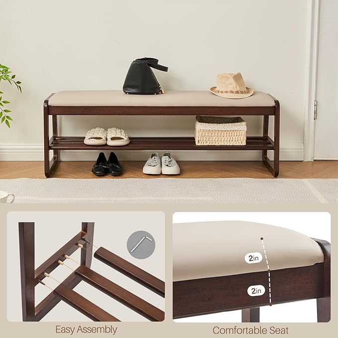CozyDH Shoe Storage Bench with Cushion, Entryway Shoe Bench with 2 Shelf, Wooden Shoe Organizer, Solid Wood Legs, for Hallway, Bedroom (Walnut 47")