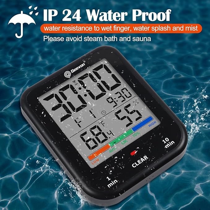 Geevon Digital Bathroom Clock, Waterproof Shower Timer with Large Touch Screen, Battery Operated Bathroom Wall Clock with Temperature & Humidity Display - Suction Cup/Hanging Hole/Stand (Black)