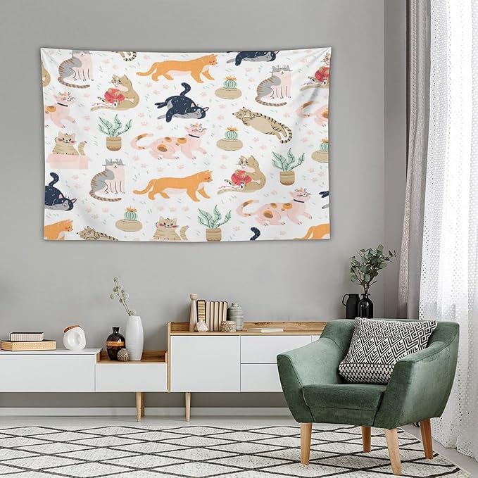 VUMIVI Cute Cat Tapestry Kids Hand-Painted Doodles Colorful Illustrations Potted Plants Paw Prints Tapestry Wall Hanging for Living Room Bedroom Dorm Classroom Aesthetic Decor W60xL40in