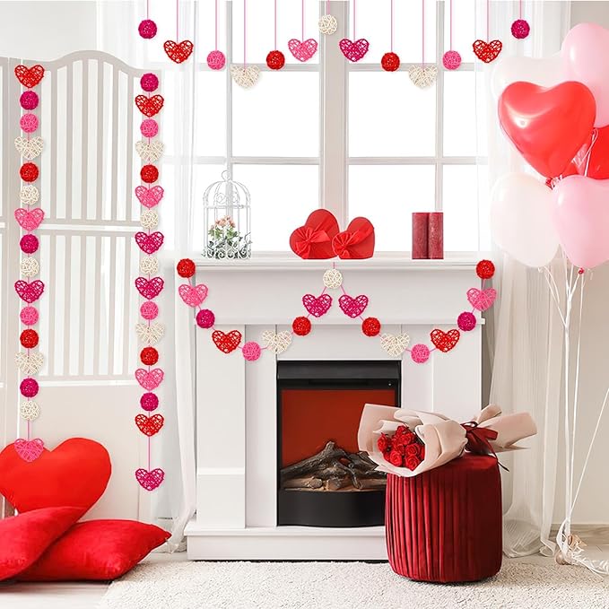 NOVWANG 40 Pcs Valentine's Day Rattan Balls Decorative, Centerpieces Vase Filler Heart Wicker Ball for Valentine's Day Wedding Party Decoration Table Hanging Decor DIY Crafts (Red, Rose, Pink, White)