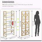 4NM 6 Tiers No Assembly Book Shelves, 61.8" H Folding Bookshelf Bookcase Open Industrial Foldable Shelves for Bedroom, Living Room, Home Office - White Gold