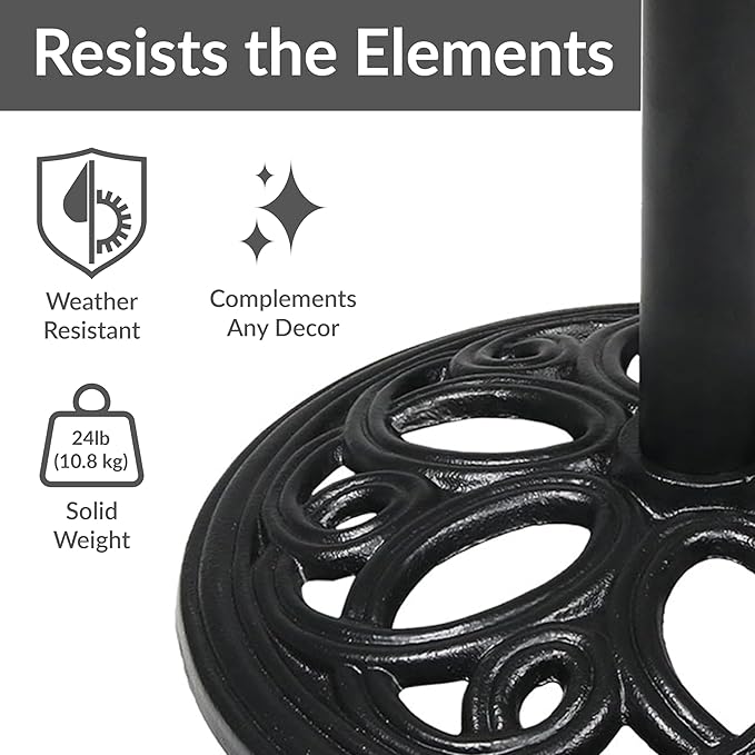 Sunnydaze 24lb Cast Iron Patio Umbrella Base - Heavy-Duty Round Metal Outdoor Market Umbrella Stand for Outside - 18-Inch - Black - Pretty Petals