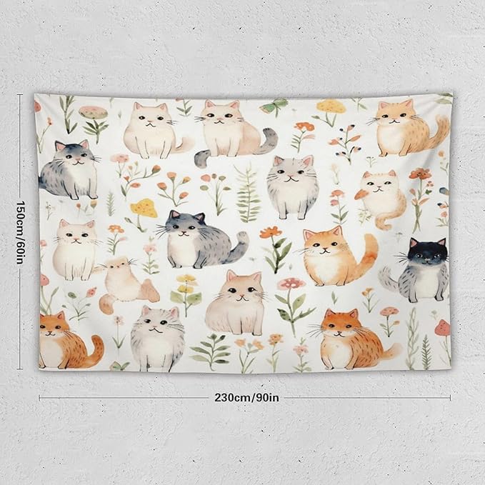 VUMIVI Cute Cat Tapestry Cartoon Pets Flowers Mushrooms Butterflies Watercolor Illustrations Tapestry Wall Hanging for Living Room Bedroom Dorm Classroom Aesthetic Decor W90xL60in